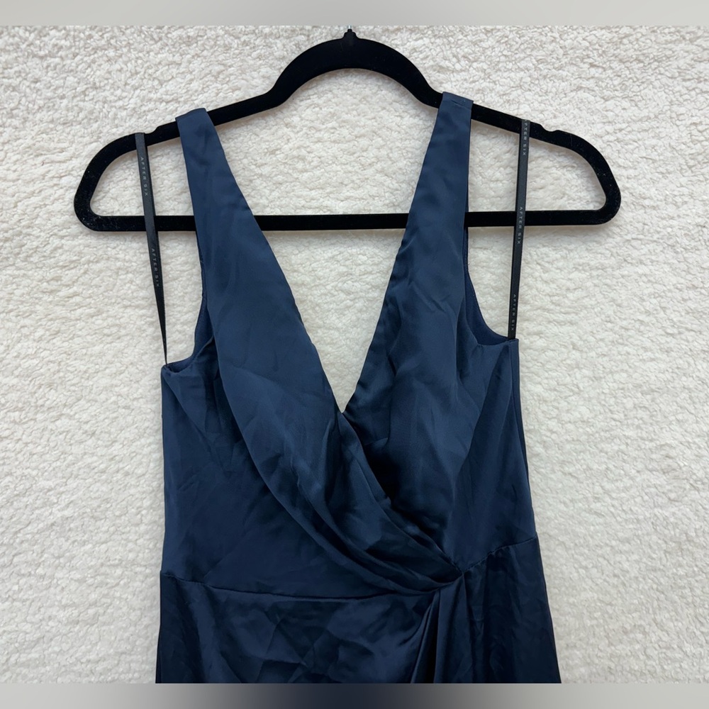*Size 2 - AFTER SIX - Faux Wrap Satin Maxi Dress Tulip Skirt Navy Blue NEW $261 - Picture 6 of 13